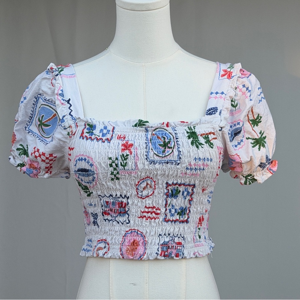 Monteau Italy Linen Blend Smocked Puff Sleeve Crop Top S